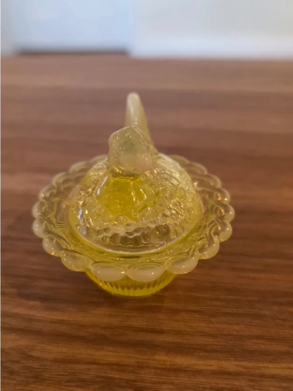 Mosser Mini Hen on Nest Uranium Vaseline Opalescent Glass M Marked